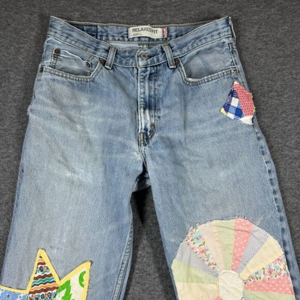 Upcycled OOAK Patchwork Jeans Fits 30X33 Quilt Feedstack Tattered Worn Farmhouse - Picture 2 of 15